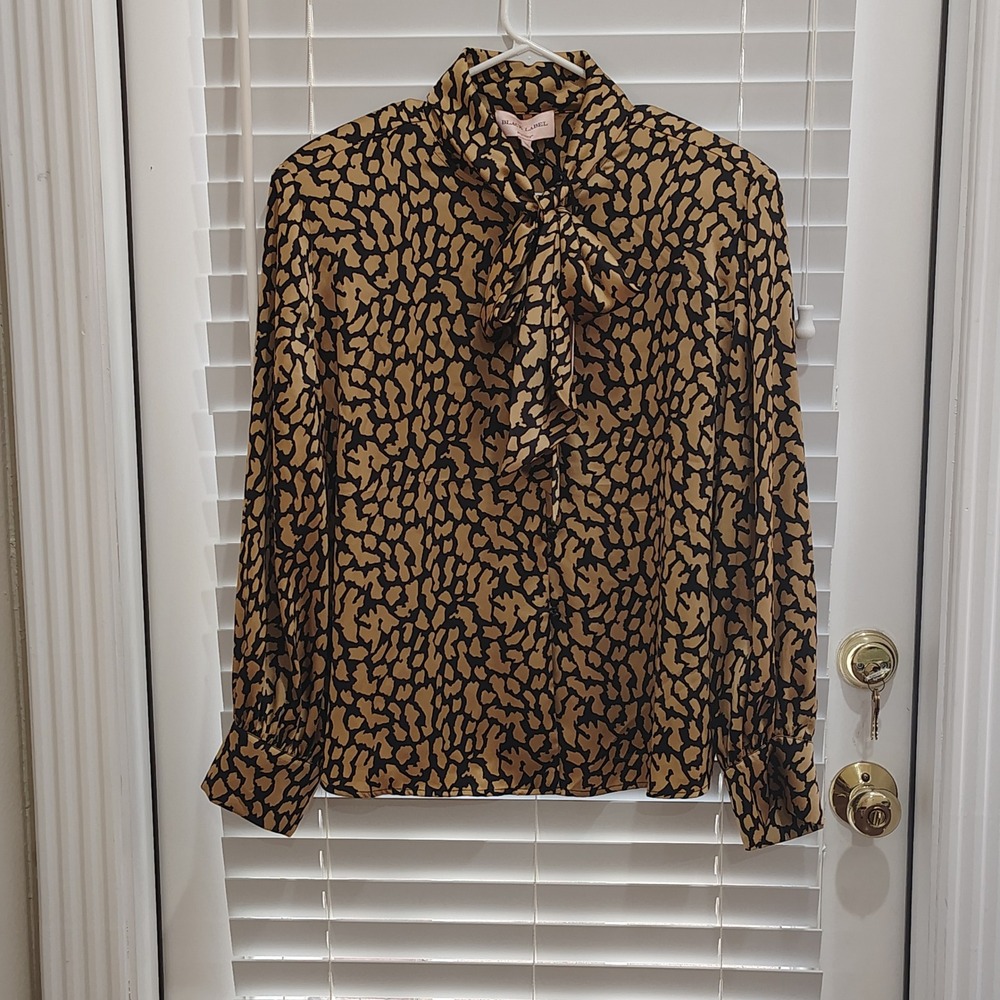 CHICOS BLACK LABEL SCARF BLOUSE LEOPARD WOMENS 14 CAREER SATIN SECRETARY LARGE - Picture 1 of 6
